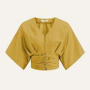 Commense Mustard Cotton & Linen Kimono Sleeve Button Blouse Size M NWT